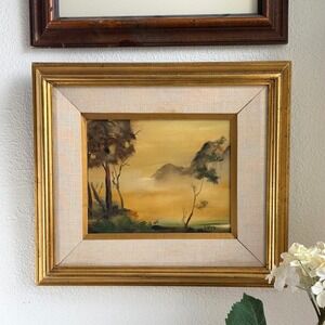 Vintage Signed Oil Painting Landscape Gold Frame Misty Mountain Trees 15x17 MCM